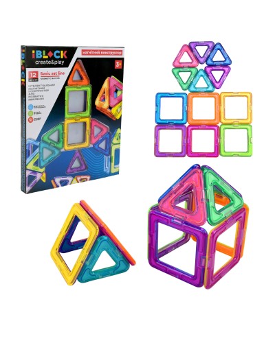 Конструктор магнітний на 12 деталей, в асортименті, у коробці 21,3х2,2х28 см