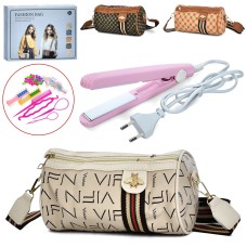 Набір перукаря: плойка від мережі зісвітлом, нагрівається, заколки, крейда для волосся 2 шт та сумка 19х12х12 см, в асортименті