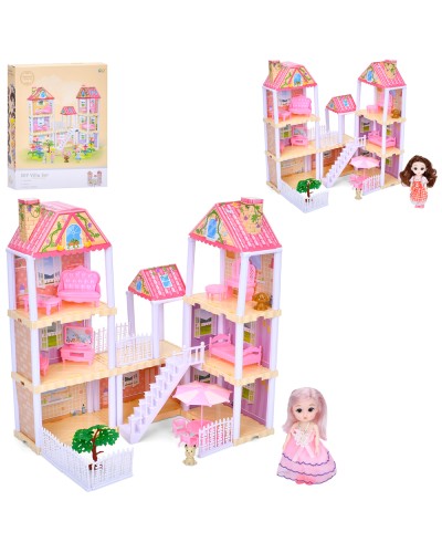 Будиночок 3-поверховий на 133 деталі: меблі, шарнірна лялька 15 см, собачки, в асортименті, у коробці 35,5х45х8,5 см.
