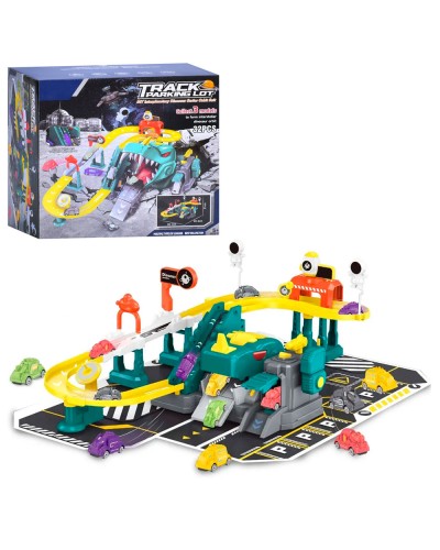 Гараж «Динозавр» 60,3х39,1х21 см 2-поверховий на 32 елементи з 5 машинками, на батарейці, у коробці 30х27,5х16,5 см