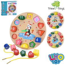 Годинник 17,5 см дерев'яний з рамкою-вкладишем, фігурами-цифрами, шнурівкою, в асортименті, у коробці 18х17,5х2,5 см.