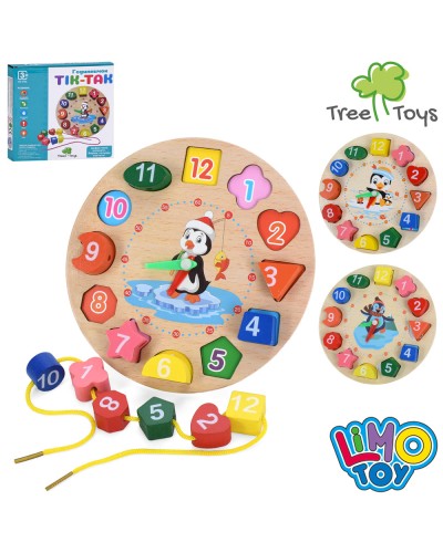 Годинник 17,5 см дерев'яний з рамкою-вкладишем, фігурами-цифрами, шнурівкою, в асортименті, у коробці 18х17,5х2,5 см.