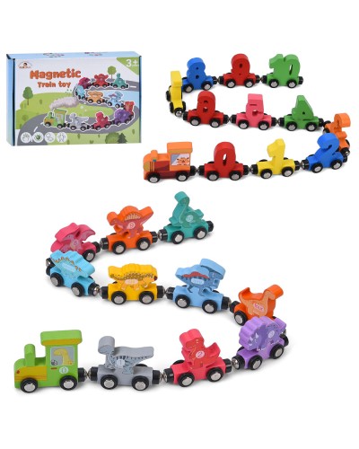 Паровозик та вагони з магнітними кріпленнями, дерев'яні, в асортименті, у коробці 20,5х13,5х4 см.