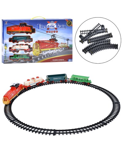 Залізниця 140х76,5 см з 20 деталей зі свіітлом та звуком:локомотив та 3 вагони, звук, на батарейці, у коробці 60х35,5х6,5 см