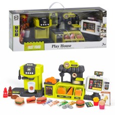 Дитячий супермаркет зі світлом та звуком: фаст-фуд, прилавок, каса 32 см, кавомашина 18 см, продукти, гроші, на батарейці, в коробці 59х24,5х14,5 см