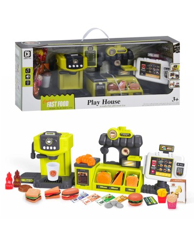 Дитячий супермаркет зі світлом та звуком: фаст-фуд, прилавок, каса 32 см, кавомашина 18 см, продукти, гроші, на батарейці, в коробці 59х24,5х14,5 см