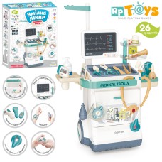 Набір лікаря зі звуком та світлом на 26 предметів: стіл-візок 46,5х26,5х115 см, рентген, стетоскоп, медичні інструменти, на батарейці, у коробці 46х38х12,5 см