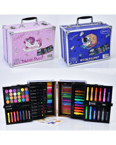 Набір для творчості на 133 предмети: олівці, фломастери, воскова крейда, акварельні фарби, розмальовка, в асортименті, у валізі 27,5х22х14 см.