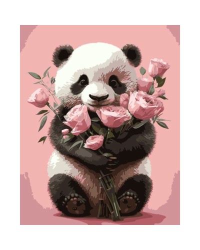 Картина за номерами «Панда з букетом троянд» 40х50 см, ТМ Strateg