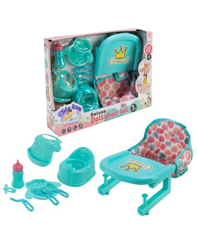 Аксесуари для ляльки: стільчик 12х14 дюймів, столові прибори, горщик, соска, пляшечка, у коробці 44х9х32,5 см