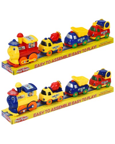 Потяг з 3 вагонами-будтехнікою 32 см на магнітному з`єднанні з рухомими частинами, їздять, на батарейці, в асортименті, під плівкою 34х9х6 см
