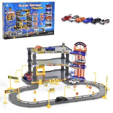 Гараж 3-поверховий з 6 машинками по 6 см, ліфтом та дорожніми знаками, у коробці 50х32,5х6,5 см