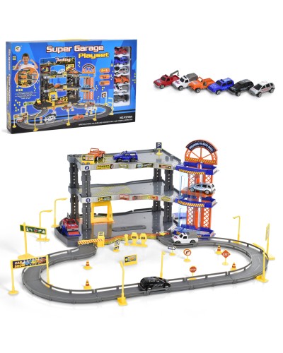 Гараж 3-поверховий з 6 машинками по 6 см, ліфтом та дорожніми знаками, у коробці 50х32,5х6,5 см