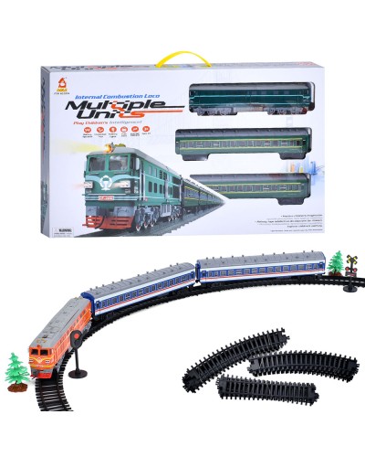 Залізниця 142х98 см зі світлом та звуком: локомотив та 2 вагони, на батарейці, в асортименті, у коробці 56,5х32х7 см