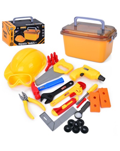 Набір інструментів: каска, ящик, молоток, викрутка, гайкові ключі, маска, пила, у коробці 27х14,5х17,5 см