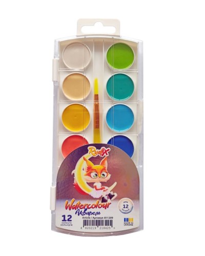 Фарби акварельні на 12 кольорів пастельні з пензликом, пластик, RUDIX
