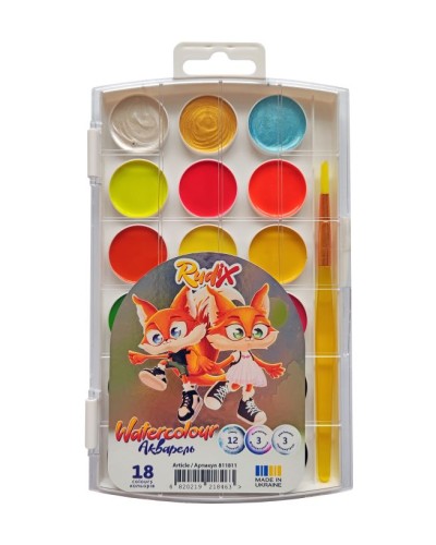 Фарби акварельні на 18 кольорів флурисцентних з пензликом, пластик, RUDIX