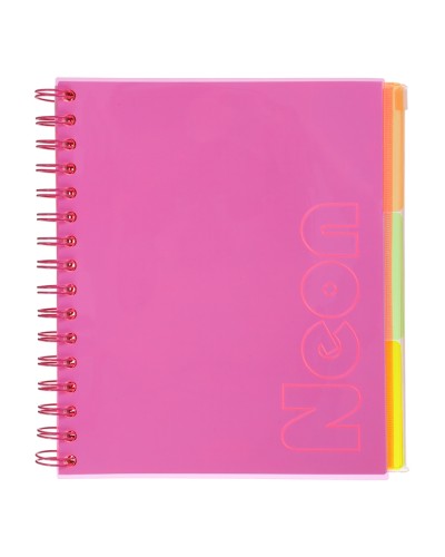 Зошит з роздільниками «NEON» В5 на 120 аркушів у клітинку з пластиковою обкладинкою на спіралі збоку, рожевий, ТМ Buromax