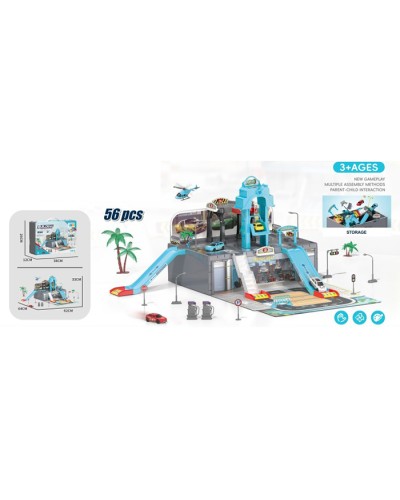 Гараж 62х64х33 см на 56 елементів з ліфтом, 4 машинками по 7 см, вертольотом, дорожніми знаками та деревами, у валізі 37,5х26,5х12 см