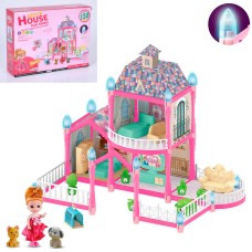 Будиночок 46х30х41 см 2-поверховий на 120 деталей зі світлом, меблями, лялькою 10 см, тваринами, будкою, на батарейці, у коробці 30х23х8 см