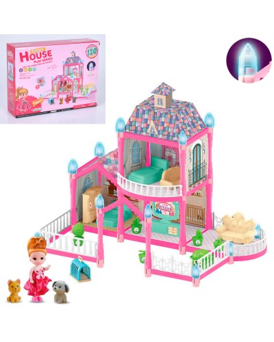 Будиночок 46х30х41 см 2-поверховий на 120 деталей зі світлом, меблями, лялькою 10 см, тваринами, будкою, на батарейці, у коробці 30х23х8 см