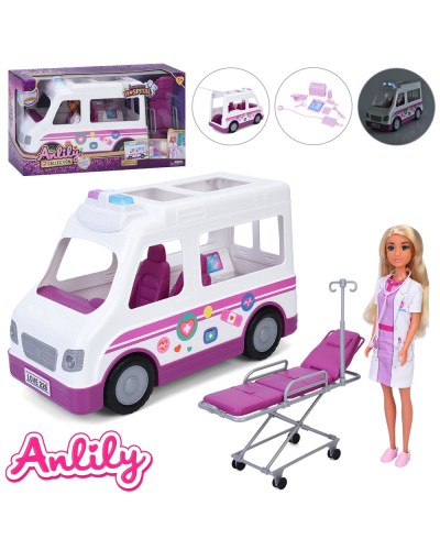 Лялька «Лікарка» 28 см з машинкою 37 см із звуком та світлом, медичною каталкою 25 см та медичними інструментами, у коробці 48х26х17 см.