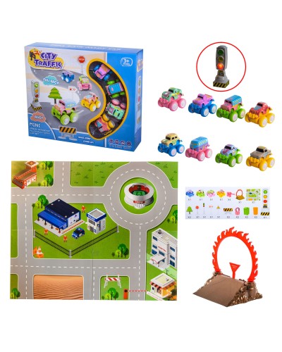 Килимок «City Traffic»: ігрове поле 49х59 см, 4 машинки по 5,5 см та 20 аксесуарів, в асортименті, у коробці 30х7,5х25 см