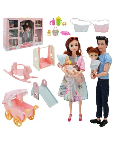Ляльковий набір: мама, тато, 2 малюки, візочок, ліжечко та аксесуари, у коробці 75х10х36 см