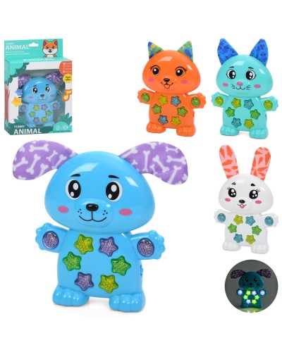 Тварина 14 см музична зі світлом та англійською озвучкою, шурхотять вушка, 2 режими гучності, на батарейках, в асортименті, у коробці 16х25х5 см.