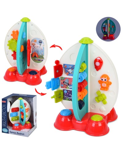 Бізі-ракета 18х18х25 см музична зі світлом, шестернями, засувками, лічильником, лабіринтом та іншими рухомими деталями, на батарейці, у коробці 21х28х20,5 см.