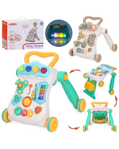 Ходунки музичні зі світлом, ігровою панеллю, піаніно, шестеренками, спінером, рухливими деталями, корівкою-пискалькою, тріскачкою, сортером, на батарейці, в асортименті, у коробці 44х34х19 см