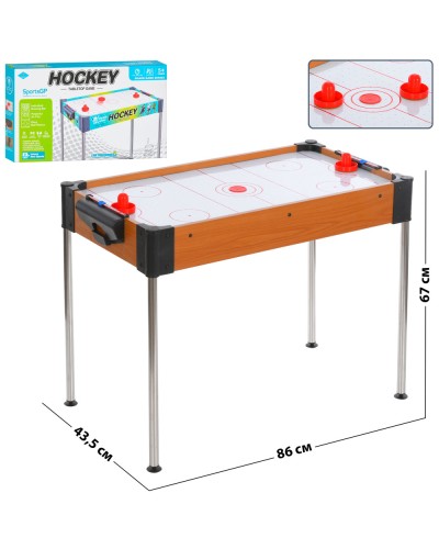 Настільна гра «Аерохокей» 86х43,5х67 см дерев'яний на ніжках з 2 ручками та шайбою, на батарейці, у коробці 81,5х44х10,5 см.