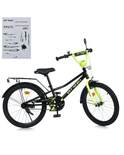 Велосипед «PROF1 PRIME» 2-колісний на металевій рамі з колесами 20 дюймів, дзвінком, ліхтарем та багажником, чорно-салатовий