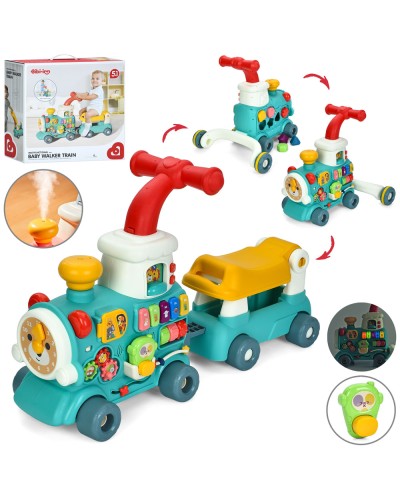 Ходунки-каталка «Потяг» 5 в 1 68,5x22x42 см музична з вагоном, парою, димом, світлом, піаніно, сортером, годинником-тріскачкою, на батарейці, у коробці 44,5х43,5х17,5 см