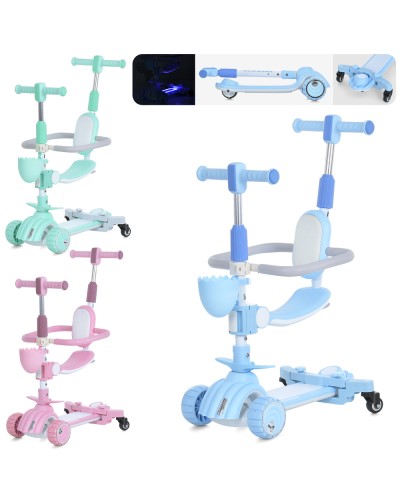 Самокат-велобіг 5 в 1 3-колісний на алюмінієво-пластиковій рамі, колеса ПУ зі світлом, передня 115 мм, заднє 85 мм, підніжкою 27х13 см та батьківською ручкою