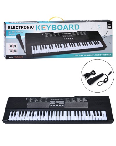 Синтезатор 65х18,5х5,5 см музичний на 61 клавішу з мікрофоном, записом, 36 демо, 16 тонів, 16 ритмів, регулятором гучності та USB, на батарейці у коробці