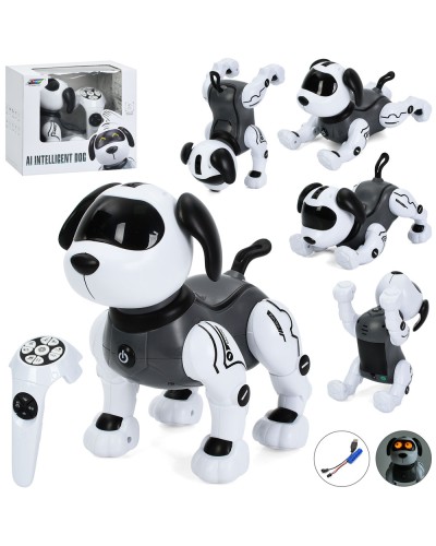 Песик 23 см р/к на акумуляторі сенсорна музична, реагує на руку, зі звуком та світлом, танцює, виконує команди, програмується, у коробці 28х25х17,5 см