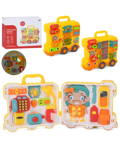 Бізіборд «Автобус» 40х17 см зі світлом та рухомими деталями: фігурка, телефон, тостер, лампа, годинник, засуви, музичний телефон, на батарейці, в асортименті, у коробціі 20,5х18х7,5 см