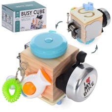 Бізікуб музичний з рухомими деталями: лабіринт, дзвіночок, вимикач, рулетка, дзеркало, у коробці 15х10х11 см