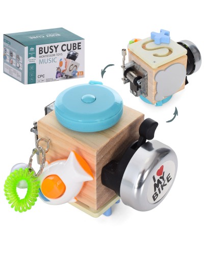 Бізікуб музичний з рухомими деталями: лабіринт, дзвіночок, вимикач, рулетка, дзеркало, у коробці 15х10х11 см