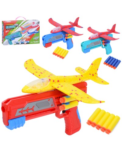 Запускалка з пістолетом 24,5 см та літаком 23 см з пінопласту та 5 м'яких куль-присосок, в асортименті, у коробці 29х18,5х5 см.