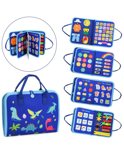 Бізікнига «Динозаври» 28х22х6 см на 8 сторінок зі шнурівкою, годинником, застібками, кольорами, тваринами та алфавітом, у сумці