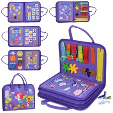 Бізікнига «Русалоньки» 28х22х5 см на 8 сторінок зі шнурівкою, годинником, застібками, кольорами, тваринами та алфавітом, у сумці