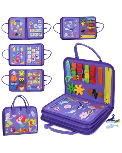 Бізікнига «Русалоньки» 28х22х5 см на 8 сторінок зі шнурівкою, годинником, застібками, кольорами, тваринами та алфавітом, у сумці