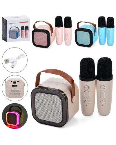 Колонка 9х9х7 см на акумуляторі 5 Вт зі світлом, Bluetooth, TF, USB та 2 мікрофони, в асортименті, у коробці 15,5х15х8 см.