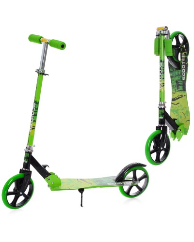 Самокат 2-колісний на сталевій рамі з колесами ПУ 200 мм, кермом 87-97 см, підніжкою 30х11 см, складний, салатовий