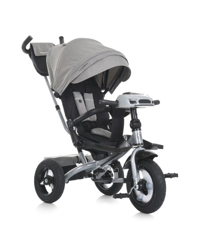 Велосипед 3-колісний на металевій рамі з гумлвими колесами 10 та 12 дюймів, 3-точковим ременем безпеки, USB/Bluetooth, пультом, світлом та сумкою, світло-сірий