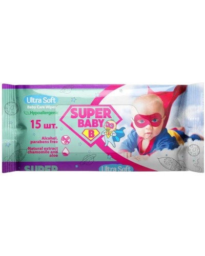 Вологі серветки «Super Baby. Ромашка та алое» 15 шт, ТМ SuperPak