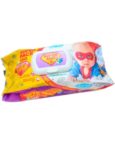 Вологі серветки «Super Baby. Ромашка та алое» 120 шт, ТМ SuperPak