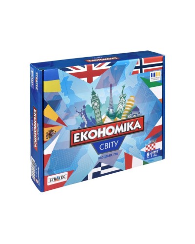 Гра настільна «Економіка світу» з ігрового поля, фішок, карток, кубика, у коробці 34х29х6 см, ТМ Strateg